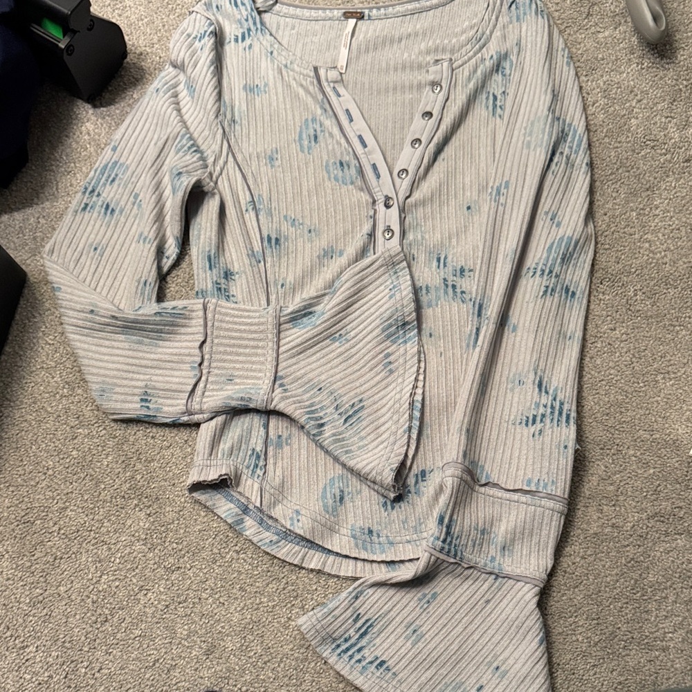 Free People Gray Ribbed Top with Button Accents
